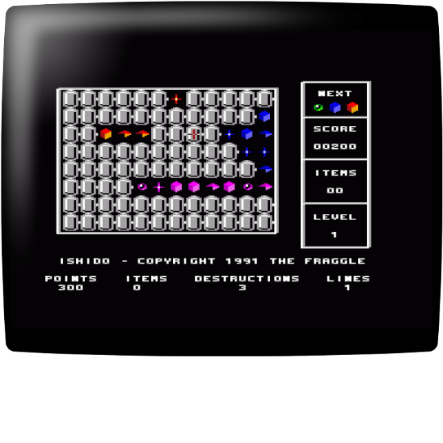 Video game screenshot for Ishido - Ishido es un juego de estrategia para un jugador, controlado por medio de un mouse. Esta es una implementación realizada por Ishido: The Way of Stones, un juego para Macintosh de los años noventa.
El juego se desarrolla en un tablero de 8x12. El jugador se presenta con una serie de fichas de colores, hay treinta y seis pares en total, cada una incluye un símbolo. Las fichas deben ser colocadas en el tablero de manera que estas coincidan en color y forman con las fichas colindantes. Los puntos son otorgados dependiendo de la cantidad y la complejidad de los movimientos realizados. El juego termina cuando todas las fichas han sido jugadas o cuando la siguiente ficha en juego no puede ser colocada en el tablero. Hay tres niveles de dificultad y tres juegos de piezas.