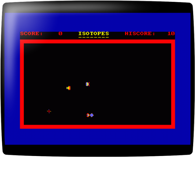 Video game screenshot for Isotopes - Radioactive waste: dump it or recycle it. you just can't love it. In this game, you must guide a robot round the screen, whose job description reads isotopes eater'. He goes round quite happily, making the environment safer. Pity those rocks get in the way: they make a right mess of its digestive system.
Also, as the robot eats waste, it tends to mutate. To be precise, it grows. And making the robot try and eat itself is bad, bad news. It's hard to say exactly what makes this program so good: it could be the graphics, which are multicoloured. Might be the speed, which can be varied from arcade ace down to editor level. Have fun playing it. and don't go off the edge of the screen - you'll be terminated for dereliction of duty.