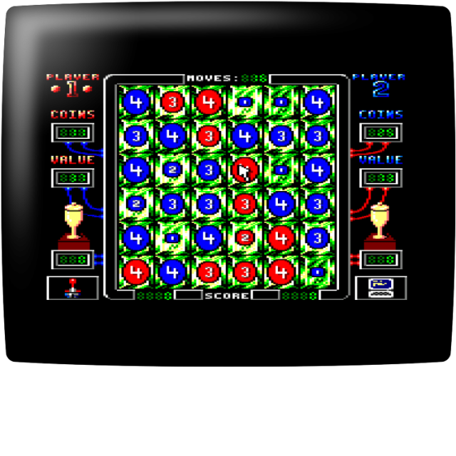 Video game screenshot for Logistic - The game consists of 3 rounds played on a 6x6 grid by 2 players (one of whom can be the computer). Players place pieces on each square. You can stack up to 4 pieces on a square. When you place a fifth coin, the pile explodes, projecting a coin onto each of the 4 neighboring squares. Any already enemy square will be covered, and thus captured (it will change color accordingly). It is possible to cause chain reactions by creating piles of 3 and 4 coins before placing the 5th explosive coin. The game is broken down into 2 phases:
- stacking
- chain reactions
The game is won if:
- a player has no more pieces: in this case, the player who has the most pieces in the game wins.
- a player captures all of his opponent's pieces, and there is nowhere left to place a new piece.