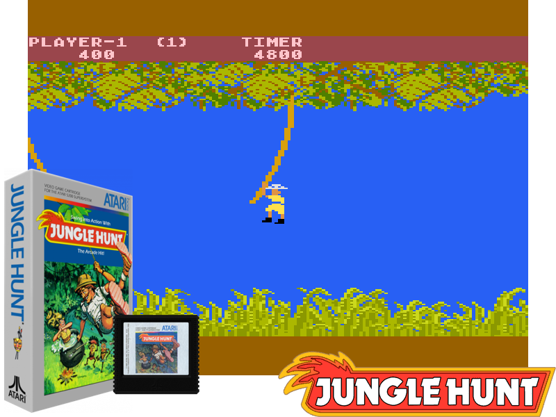 Video game screenshot for Jungle Hunt - nnJungle Hunt ofrece cuatro experiencias de aventura únicas, que se repiten con mayor dificultad una vez que los cuatro han sobrevivido. Si no sobrevives a estas aventuras, no solo perderás tu propia vida, sino también la de la encantadora Penélope, ¡que ha sido capturada por caníbales!
La primera parte desafía tus habilidades de Tarzán: ¿puedes hacer pivotar en las vides sin caer en picada en tu perdición? La segunda parte te enfrenta a un montón de cocodrilos repugnantes en un río poderoso. Afortunadamente, tienes un cuchillo con el que luchar. No te olvides de subir por el aire! En la tercera parte, te enfrentas a una batalla contra las rocas que se aproximan de diferentes tamaños y física. Una vez que hayas superado todos estos peligros traicioneros, deberás enfrentarte al temido caníbal, que está armado con una lanza malvada. ¿Puedes pasarlo y salvar a la encantadora Penélope?
El juego implica mucho salto estratégico y juego con cuchillos (en la fase de río / cocodrilo). La vista es siempre una vista lateral, como Pitfall! y juegos de plataformas posteriores.