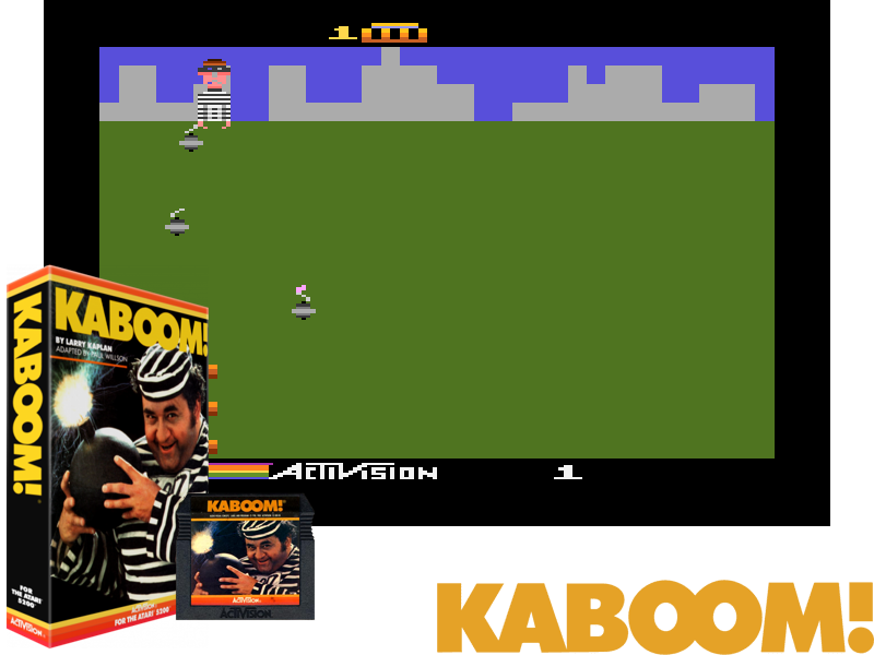 Video game screenshot for Kaboom! - ¡El loco bombardero anda suelto! Mientras corre de un lado a otro en la parte superior de la pantalla, debes atrapar las bombas que deja caer en cubos de agua. Se gana un punto por cada bomba atrapada, pero si se caen...., ¡Kaboom! A medida que los niveles progresan, el bombardero loco se moverá más y más rápido y lanzará más y más bombas. Comienzas el juego con tres cubos y pierdes uno cada vez que se pierde una bomba. El juego termina pierdas todos los cubos.