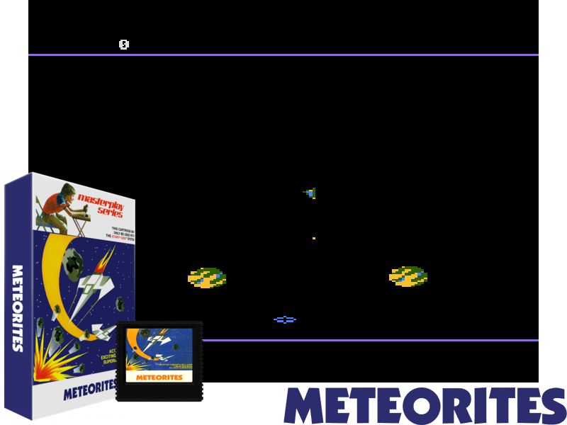 Video game screenshot for Meteorites - Meteorites es un juego de acción arcade con un juego similar a los asteroides. Usted controla una nave espacial rodeada de numerosos asteroides; Tu objetivo es destruirlos! Cada vez que dispares un asteroide, se dividirá en asteroides más pequeños. Eventualmente las piezas serán lo suficientemente pequeñas para que puedas destruirlas. Cuando hayas destruido todos los asteroides, pasarás al siguiente nivel, el más difícil. Para hacer el juego más difícil, también aparecerá un platillo volador de vez en cuando y tratará de disparar a su nave espacial. Para salir de los problemas rápidamente, su nave espacial también puede ingresar al hiperespacio que lo transportará a una nueva ubicación en la pantalla. Sin embargo, tenga cuidado, a veces la nueva ubicación es peor que la que dejó.