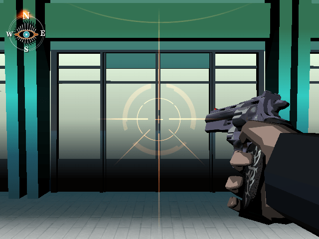 Video game screenshot for Killer 7 (DISC 1) - Directed by Suda 51 of Capcom's Production Studio 4, Killer 7 features some of the most mature themes in a videogame to date. Players take control of the wheelchair bound assassin Harman Smith, a man who can conjure up in physical form the seven deadly personalities that exist in his mind. When a terrorist group known as Heaven's Smile threatens the safety of the United States, the government enlists Smith and his assassins to find and kill the man behind the organization.Killer 7 features extremely stylized cel-shaded graphics and over-the-top gore. Gameplay is a mix of third-person-based exploration and first-person view gun fights.